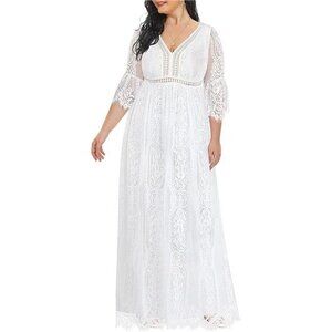 Flowy Lace Maxi Dress Plus Size Women V-Neck Boho Wedding